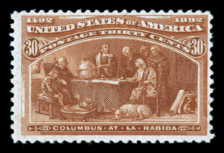 239, 30c Columbian, deep rich color and an excellent impression, o.g., never hinged, nearly very fine.