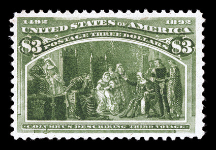 243, $3.00 Columbian, nicely centered and margined, bright color, o.g., lightly hinged, tiny corner crease at bottom left, otherwise very fine 2003 PF
certificate.