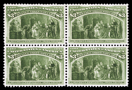 243, $3.00 Columbian, mint block of four, exceptionally well centered and margined, impressively rich color and a strong detailed impression, slightly disturbed o.g., a very
fine and handsome example of this rare commemorative block.