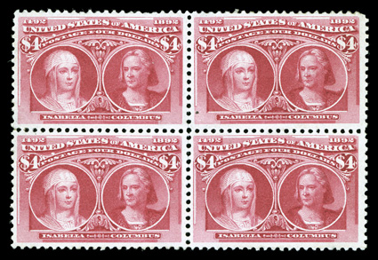 244, $4.00 Columbian, mint block of four, quite well centered, strong bright color, slightly disturbed o.g., a few rejoined perfs., top right stamp with small natural
inclusion, overall a very fine example of a rarely offered block.