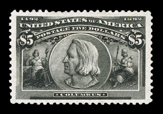 245, $5.00 Columbian, premium quality mint example of this popular high value commemorative, extraordinarily well centered within extravagantly large margins, intense color and
a crisp prooflike impression, full clean o.g., lightly hinged, extre