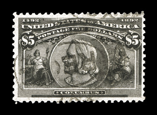 245, $5.00 Columbian, used, strong color and impression, light oval registry postmark, nearly very fine 1985 PF certificate.