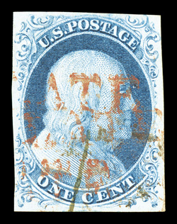 7, 1c Blue, Ty. II, full margins around, strong rich color, cancelled by a red TOO LATE straight line handstamp and a small ms. mark, very fine a pretty stamp with an
exceedingly rare cancellation 1978 and 1991 PF certificates ex-Morr