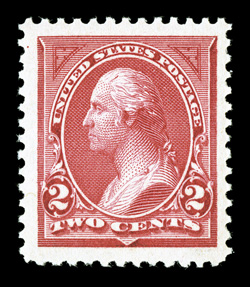 249, 2c Carmine lake, Ty. I, an eye-arresting mint single, featuring margins of immense proportion and being exceedingly well centered within this vast expanse, brilliantly
rich color and a vivid impression on pristine white paper, unblemished o