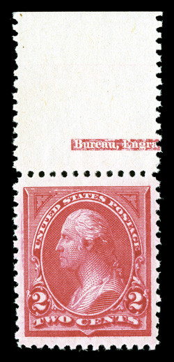 250, 2c Carmine, Ty. I, a top sheet-margin partial imprint single that is the epitome of perfection, flawlessly centered amid immense margins seldom associated with any of the
Bureau issues, stunning color that is absolutely radiant on bright fr