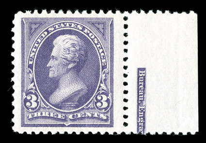 253, 3c Purple, a fabulous quality mint right sheet-margin partial imprint single, featuring several remarkable physical characteristics, not the least of which is its precise
centering amid enormously wide margins, plus it possesses a marvelous