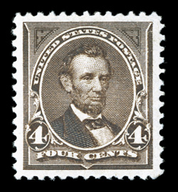 254, 4c Dark brown, especially well centered amid exceedingly large margins, strong rich color and a crisp impression, o.g., lightly hinged, extremely fine 1989 PF certificate
and a 2007 PSE certificate (XF-Superb 95 Jumbo OGph SMQ $580.00 for