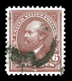 256, 6c Dull brown, used, marvelously well centered amid large margins, strong rich color and a sharp impression, extremely fine actually a most difficult stamp to find in this
select used condition 2008 PSE certificate (XF-Superb 95 SMQ $580