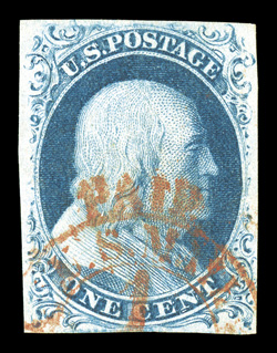 7, 1c Blue, Ty. II, attractive used single, full margins, rich color and a well incised impression on fresh paper, red New York carrier c.d.s., extremely fine 1986 PF
certificate ex-Koppersmith, Morris.