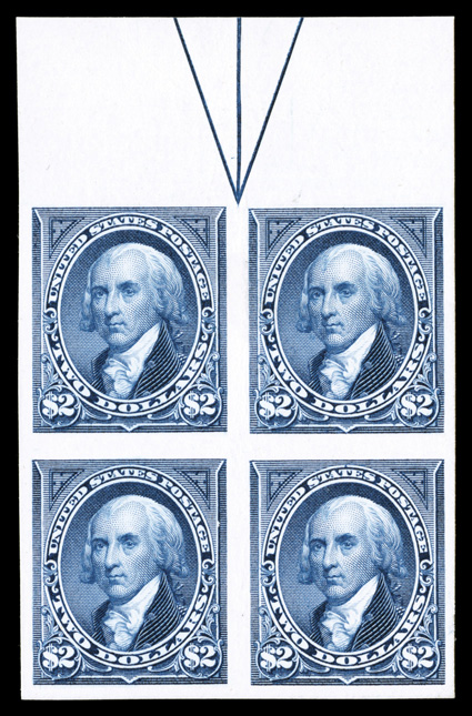 262P4, $2.00 Dark blue, plate proof on card, top margin arrow block of four, large even margins, intense color on pristine card, slight hint of a crease in the top margin,
otherwise extremely fine.