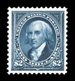 262, $2.00 Bright blue, an outstanding mint example in a quality that is almost never found on this scarce stamp, marvelously well centered within immensely large margins which
are most uncharacteristic, rich luxuriant color in an especially dar