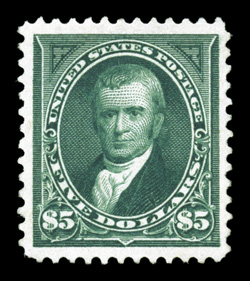 263, $5.00 Dark green, remarkably well centered within exceedingly large margins for this difficult high value, deeply rich color, regummed over small filled thins, extremely
fine appearance 2009 PF certificate.