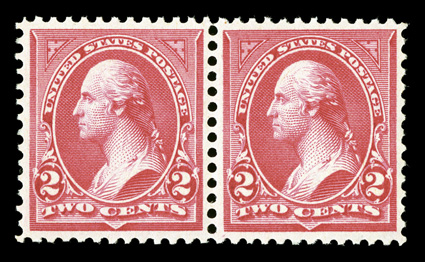 266-267, 2c Carmine, Ty. II-III se-tenant combination pair, the left stamp being type II and the right stamp type III, remarkably well centered, gorgeous bright color on
pristine white paper, unblemished o.g., never hinged, extremely fine the T