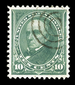 273, 10c Dark green, an outstanding used single, featuring flawless centering within large margins, intensely rich color and a deeply incised impression, light target cancel,
an extremely fine gem in every regard 2008 PSE certificate (Superb 98