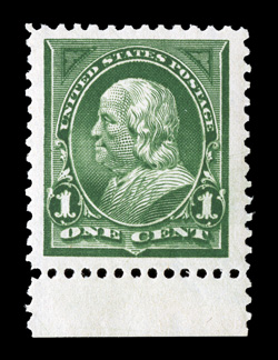 279, 1c Deep green, a mind-boggling mint single of immense proportions, being a bottom sheet-margin example sporting the most enormous margins imaginable, and quite remarkably
it is incredibly well centered within them, intense color, o.g., neve
