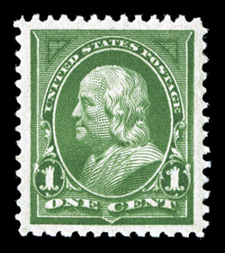 279, 1c Deep green, remarkably well centered within extraordinarily wide margins, brilliantly fresh color and a crisp impression, o.g., lightly hinged, superb a lovely little
gem 2007 PSE certificate (Superb 98 Jumbo SMQ $110.00 for 98) only