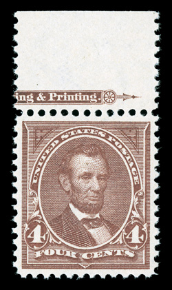 280, 4c Rose brown, top sheet-margin partial imprint single, especially well centered, wonderfully bright and fresh, pristine o.g., never hinged, extremely fine photocopy of a
2002 PSE certificate for the plate block from which this came, and a