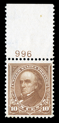 283, 10c Orange brown, Ty. II, top margin plate no. 996 single, attractive color, well centered within large margins, o.g., never hinged, very fine 2003 PF
certificate.