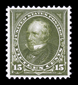 284, 15c Olive green, an extraordinarily fresh and choice mint single, with sumptuously rich color and a razor-sharp impression on wonderfully fresh paper, exceptionally well
centered within uncharacteristically large margins, o.g., never hinged