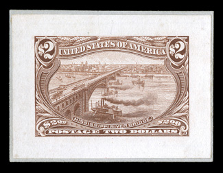 285P2-93P2, 1c-$2.00 Trans-Mississippis, small die proofs cplt., each neatly cut from the Roosevelt album pages with small balanced portions still affixed, exceptionally bright
and fresh, a very fine and attractive set of these scarce proofs.