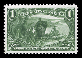 285, 1c Trans-Mississippi, a beautiful mint example that is not only precisely centered within extravagantly large margins, but it also possesses deep prooflike color and
impression on crisp white paper, o.g., lightly hinged, superb a truly gem