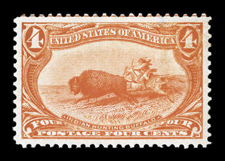 287, 4c Trans-Mississippi, an incomparable jumbo-margined mint example, boasting absolutely immense margins for any value from the Trans-Mississippi series, and being
incredibly well centered within these impressive borders, brilliantly fresh as