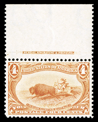 287, 4c Trans-Mississippi, top margin imprint single, well centered within large margins, bright color, o.g., never hinged, extremely fine 2004 PF certificate for a pair, this
being the left stamp.