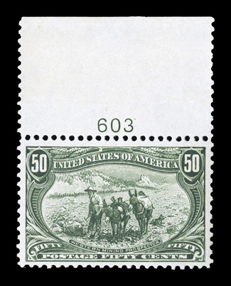 291, 50c Trans-Mississippi, top margin plate no. 603 single, exceptionally well centered within wide margins, strong color, o.g., barest trace of hinging, extremely fine 1995
PF certificate (never hinged by omission) and a 2009 PSE certificate
