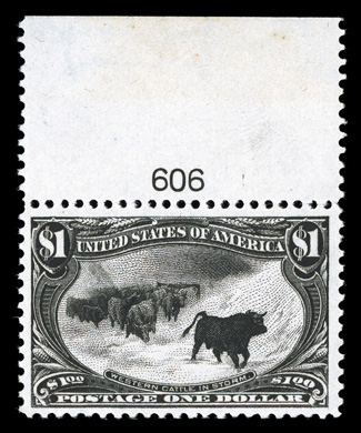 292, $1.00 Trans-Mississippi, handsome top margin plate no. 606 single, uncharacteristically well centered and margined, deep color and a sharp detailed impression, o.g.,
lightly hinged, very fine and choice 1992 PF certificate.