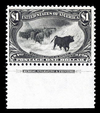292, $1.00 Trans-Mississippi, bottom margin imprint single, bright and fresh, o.g., lightly hinged, very fine.