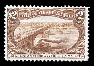 293, $2.00 Trans-Mississippi, uncharacteristically well centered within large margins, rich color, o.g., lightly hinged, very fine 1990 PF certificate.