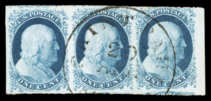 7, 1c Blue, Ty. II, handsome used horizontal strip of three, positions 28-30L1E, with sheet margin at right and other margins also large, strikingly rich color and a razor-sharp
impression on immaculate white paper, neat St. Paul, Minn. town c.d