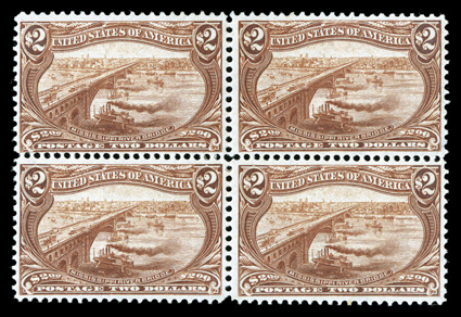 293, $2.00 Trans-Mississippi, handsome mint block of four, unusually well centered, especially for a block, rich fresh color, o.g., lightly hinged, very fine a rarely seen
block, especially in this premium quality.