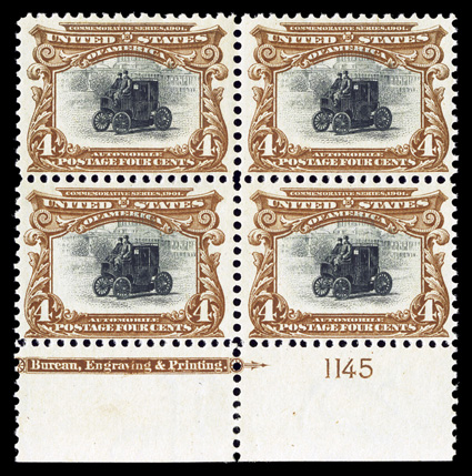 296, 4c Pan-American, bottom margin imprint and plate no. 1145 block of four, rich colors, o.g., stamps never hinged, very fine cataloged as four singles.