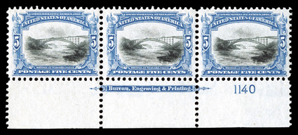297, 5c Pan-American, bottom margin imprint and plate no. 1140 strip of three, especially vibrant colors, well centered, o.g., never hinged, left stamp with trivial gum bend,
very fine clear 2000 PF certificate.