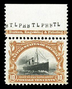 299, 10c Pan-American, top margin imprint single, well centered within extravagantly wide margins which are most unusual, strong rich colors, o.g., never hinged, extremely fine
jumbo examples of this stamp are actually quite rare (only five hav