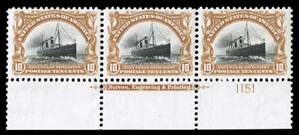 299, 10c Pan-American, attractive bottom margin imprint and plate no. 1151 strip of three, well centered and margined, rich colors, o.g., never hinged, very fine 1988 PF
certificate for the strip of four from which this came.