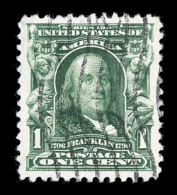 300, 1c Blue green, gem used example, precisely centered amid exceedingly large margins, deep rich color on fresh paper, wavy machine cancel, extremely fine 2008 PSE
certificate (Superb 98 SMQ $290.00).