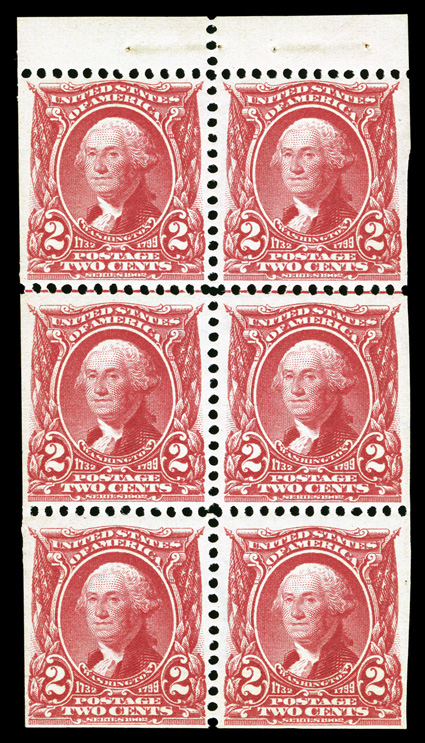 301c, 2c Carmine booklet pane of six, position E, with guide line between top two rows, fresh, crisp and intact, o.g., never hinged, fine-very fine.