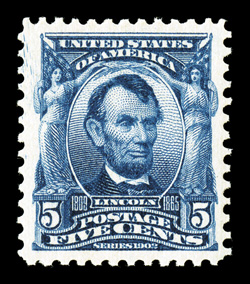 304, 5c Blue, an eye-arresting mint single, possessing a remarkable freshness quite unlike the majority, with strikingly intense color and a razor-sharp impression on the
whitest paper possible, incredibly well centered within very large margins