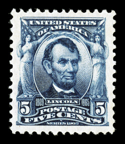 304, 5c Blue, exceptionally well centered within enormously large margins all around, deep intense color and impression, o.g., lightly hinged, extremely fine 2007 PSE
certificate (XF-Superb 95 Jumbo OGph SMQ $170.00 for 95 and $365.00 for 98).