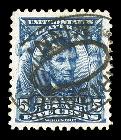 304, 5c Blue, marvelously well centered within especially large margins, deep prooflike color and impression on fresh paper, double oval cancel, extremely fine a striking gem
2009 PSE certificate (Superb 98 SMQ $640.00) one of only two to re