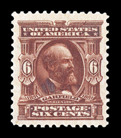 305, 6c Claret, extraordinarily well centered amid margins of enormous size which are almost never encountered on this value, sumptuously rich color and a well incised
impression on bright paper, o.g., never hinged, an extremely fine large-margi