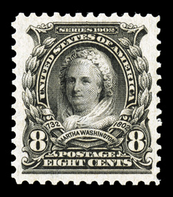 306, 8c Violet black, excellent centering within uncommonly large margins, deep rich color and a highly detailed impression, o.g., never hinged, extremely fine and most
desirable 2007 PSE certificate (XF-Superb 95 SMQ $1,000.00).