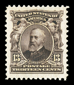 308, 13c Purple black, a breathtaking mint example which possesses absolutely gigantic jumbo margins all around, and being virtually perfectly centered amid these remarkable
borders, deep luxuriant color and a razor-sharp impression contribute f