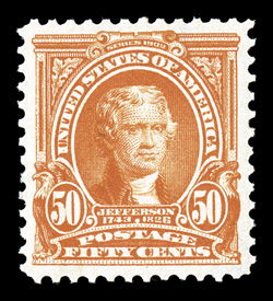 310, 50c Orange, wonderfully well centered amid exceptionally large margins, bright color, o.g., extremely fine 2001 PSE certificate for a block of four, this being the bottom
right stamp, and a 2008 PSE certificate for the single (XF-Superb 95