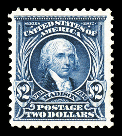 312, $2.00 Dark blue, well centered amid large margins, strong rich color and a crisp impression on bright white paper, pristine o.g., never hinged (scarce thus), choice very
fine 1999 PF certificate.