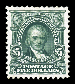 313, $5.00 Dark green, premium mint example of this scarce high value, excellent centering within large margins, deep luxuriant color and a razor-sharp impression on fresh
paper, o.g., lightly hinged, extremely fine 2004 PSE certificate (XF 90