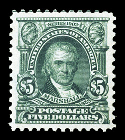 313, $5.00 Dark green, attractive mint example of this scarce high value, extraordinarily well centered within uncharacteristically large margins, deeply rich color and a
highly detailed impression on bright paper, o.g., lightly hinged, extremel