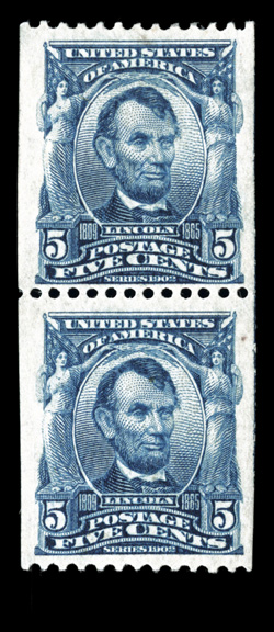 317, 5c Blue coil, perf. 12 horiz., an exceedingly handsome mint pair of this experimental coil rarity, very well centered within particularly large margins, strong rich color
and a sharp impression, o.g., lightly hinged, tiny inclusion in right